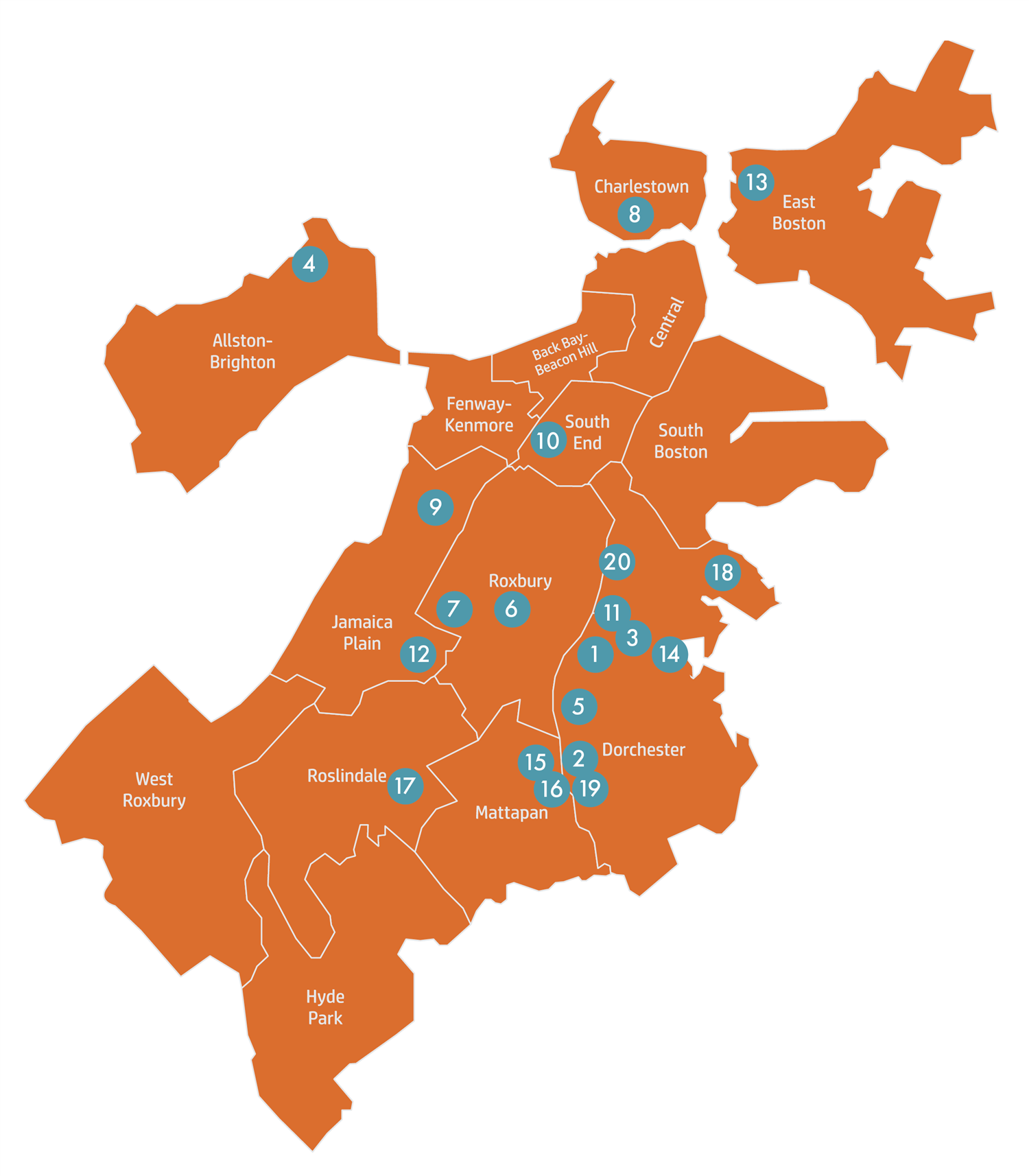 Map of the boston community hub school locations